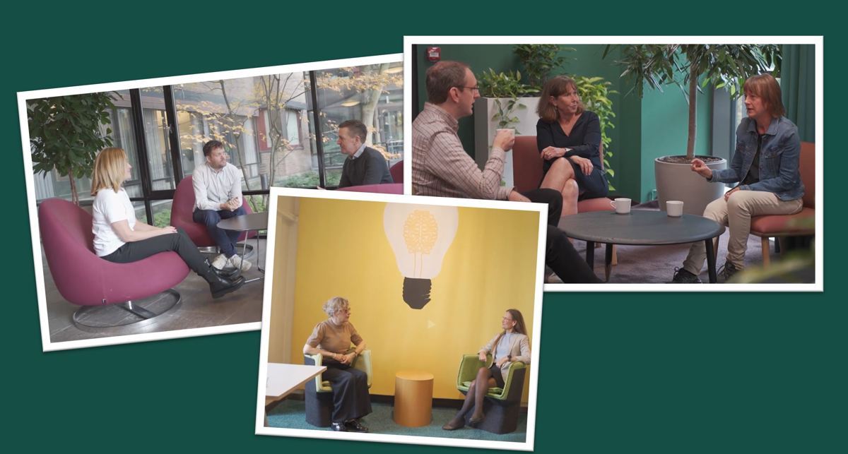 Tre grupper av människor i samtal i kontorsmiljö