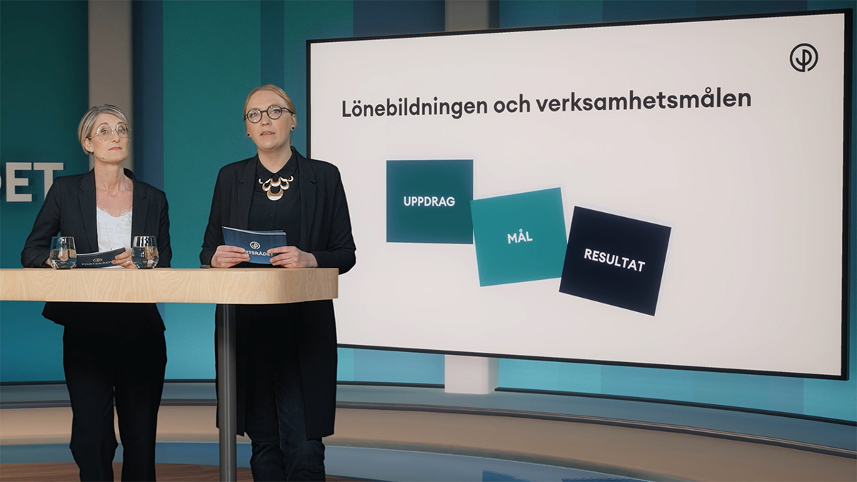 Två personer med kvinnliga attribut i studiomiljö. De står framför en presentation med texten Lönebildningen och verksamhetsmålen.