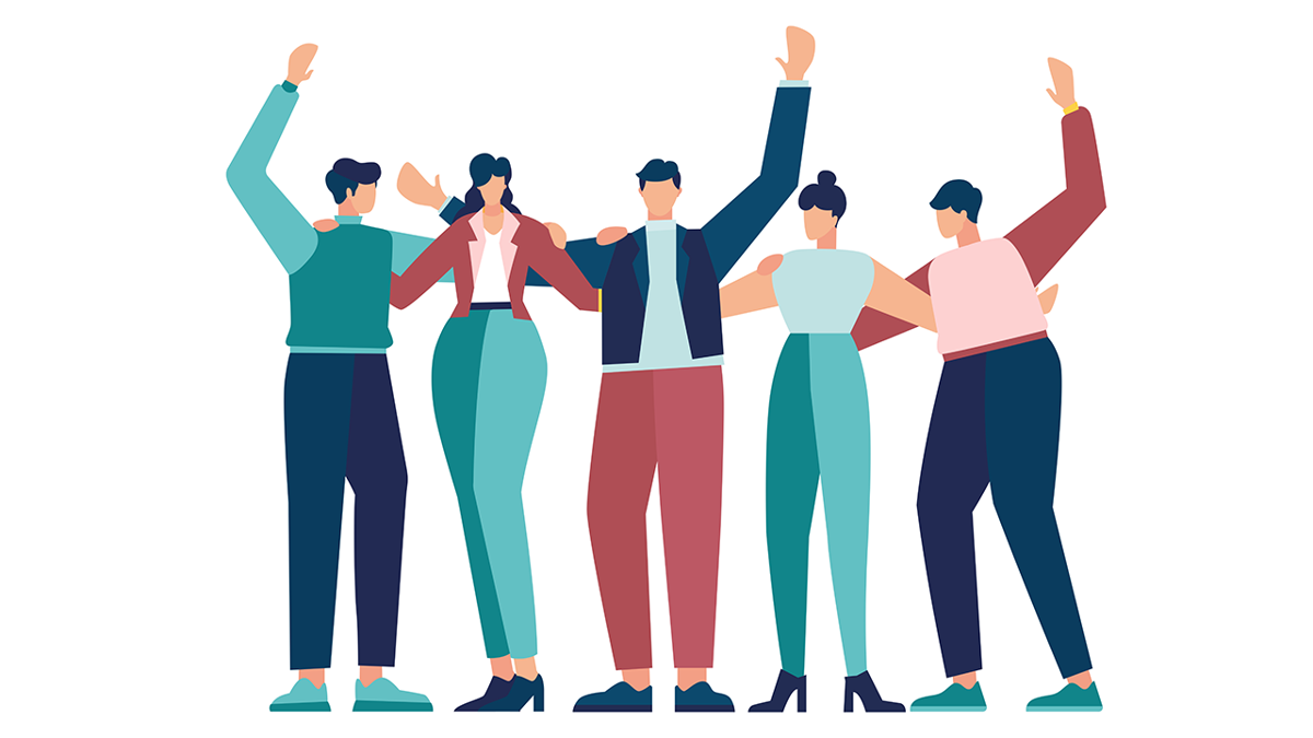 Illustration av fem personer som håller om varandra och gör glada gester.