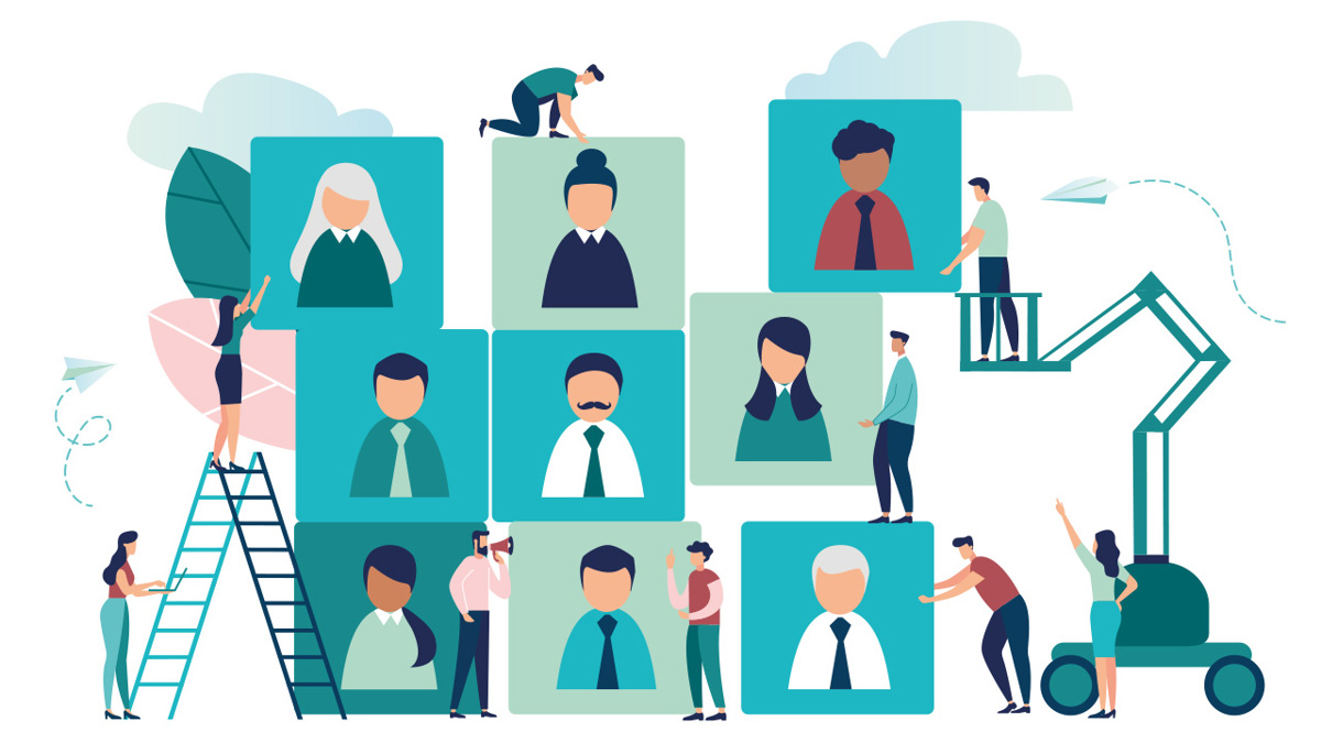 Illustration av kuber med människor som flyttas runt av mindre människor stående på stegar och en skylift.