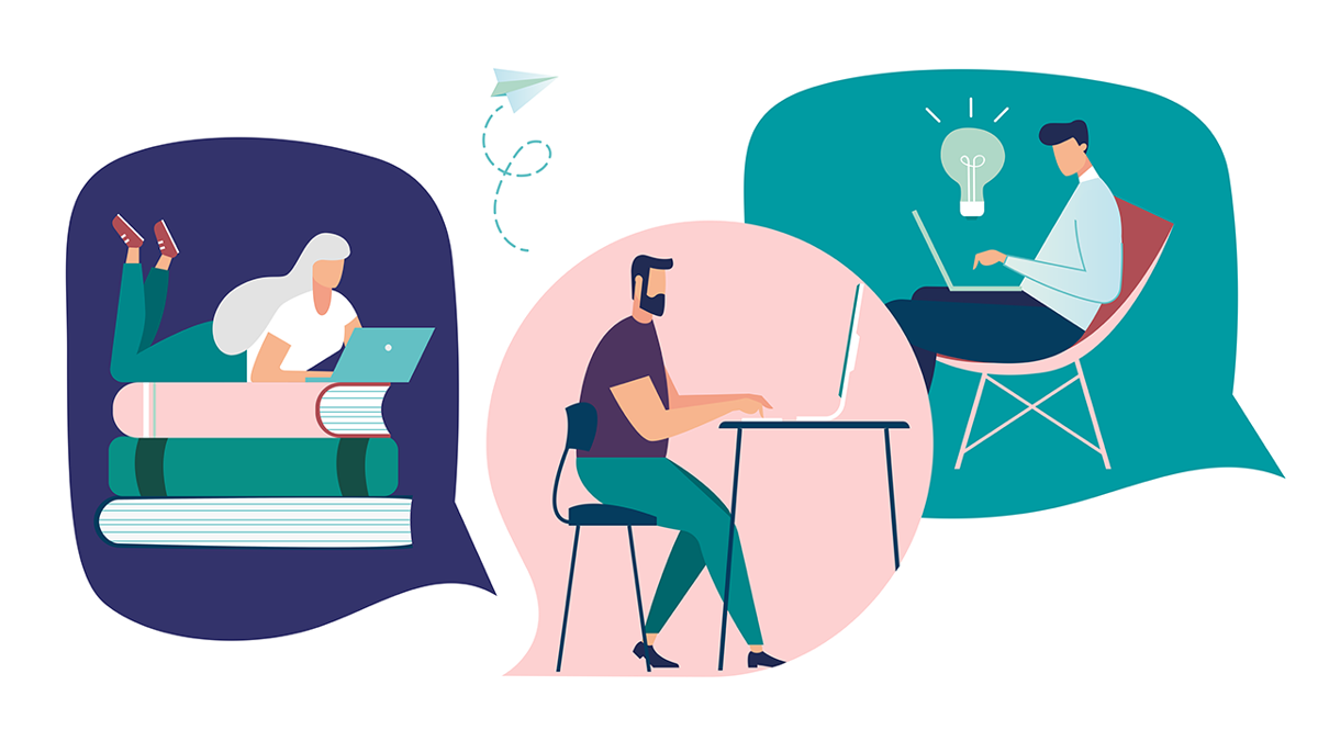 Illustration med en personer som alla jobbar vid datorn. En person ligger på en hög med böcker, en sitter vid skrivbordet och en sitter i en fåtölj.