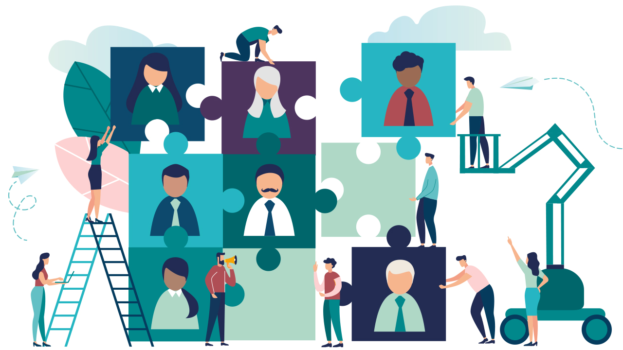 Illustration av pusselbitar med personer på som flyttas runt.