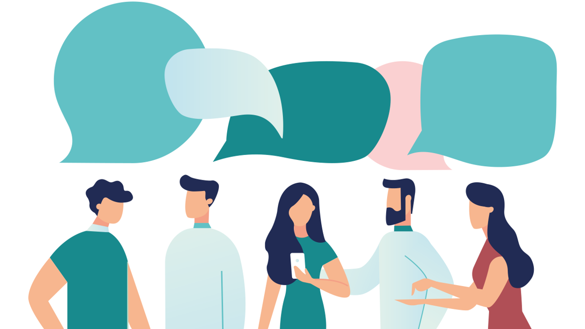 Illustration av fem personer som ser ut att prata med varandra - med tomma pratbubblor ovanför huvudena.
