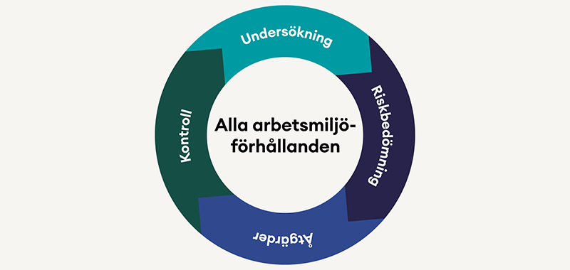 SAM-hjulet bestående av momenten Undersökning, Riskbedömning, Åtgärder och Kontroll och som sedan börjar om på Undersökning igen.