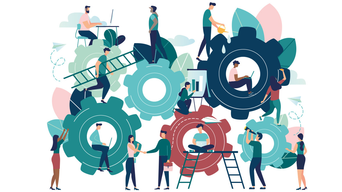 Abstrakt illustration av människor, kugghjul, stegar och löv.