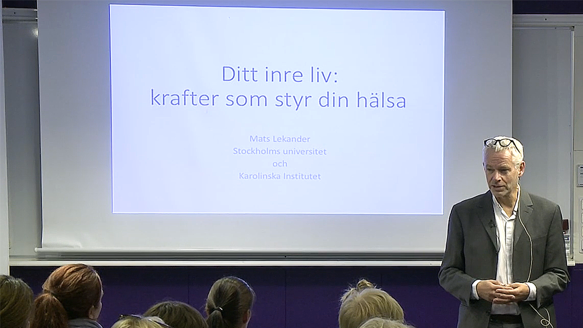 Person med mikrofonheadset framför åhörare på ett seminarium.
