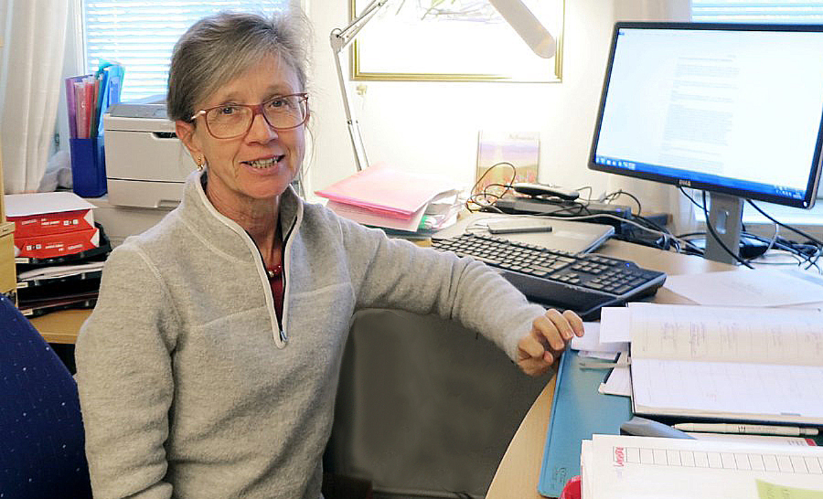 Bild på person vid skrivbord och med en dator framför sig 