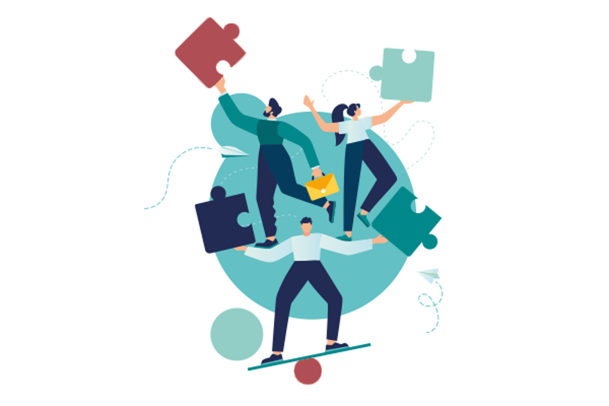 illustration där två män och en kvinna balanserar med pusselbitar i händerna.