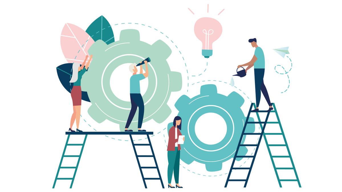 Illustration av fyra personer som står på stegar och sammanfogar kugghjul.