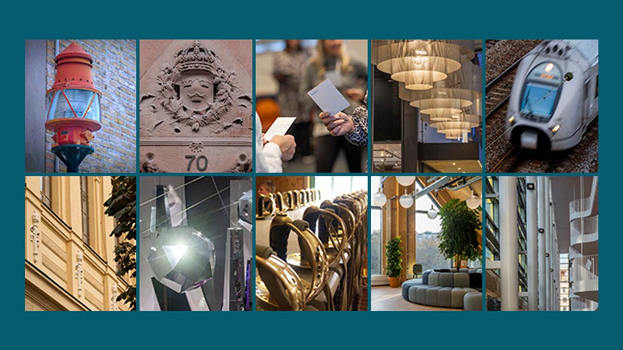 Bild från olika myndighetsmiljöer och liknande, exempelvis museum, inom- och utomhusbilder hos olika myndigheter och ett tåg.