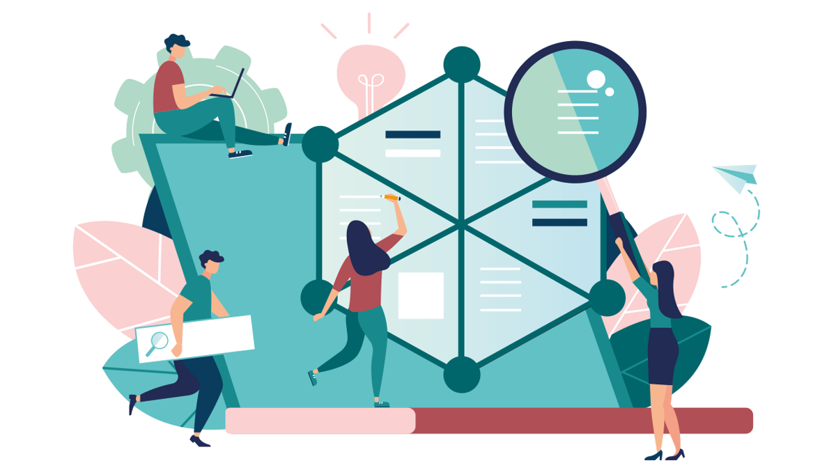Illustration av personer som undersöker saker och sammanfattar resultaten i ett diagram.