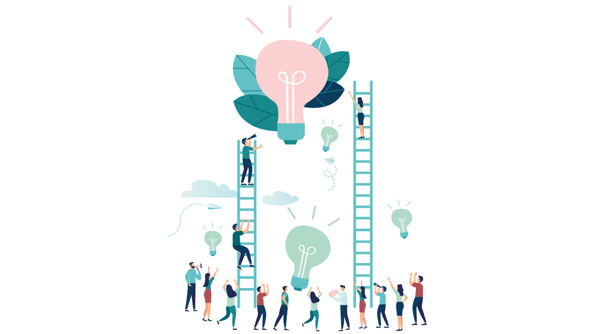 Illustration där elva personer står under två stegar som leder upp till en glödlampa. Tre personer befinner sig på stegarna.