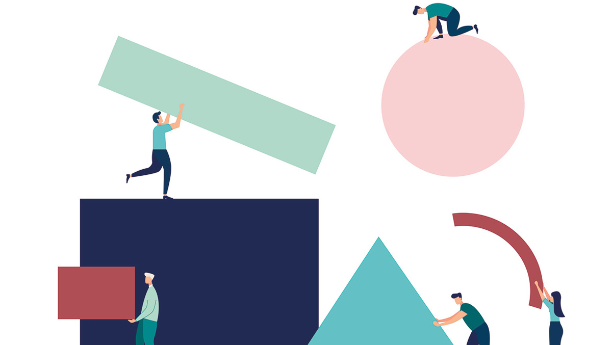 Abstrakt illustration av fem personer som lyfter runt geografiska figurer.