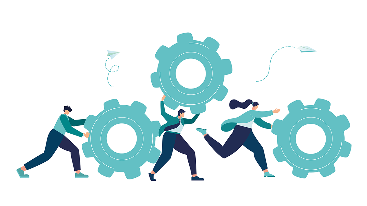 Illustration: Tre personer i rörelse mot gemensamt mål och rullandes ett varsitt kugghjul framför sig.