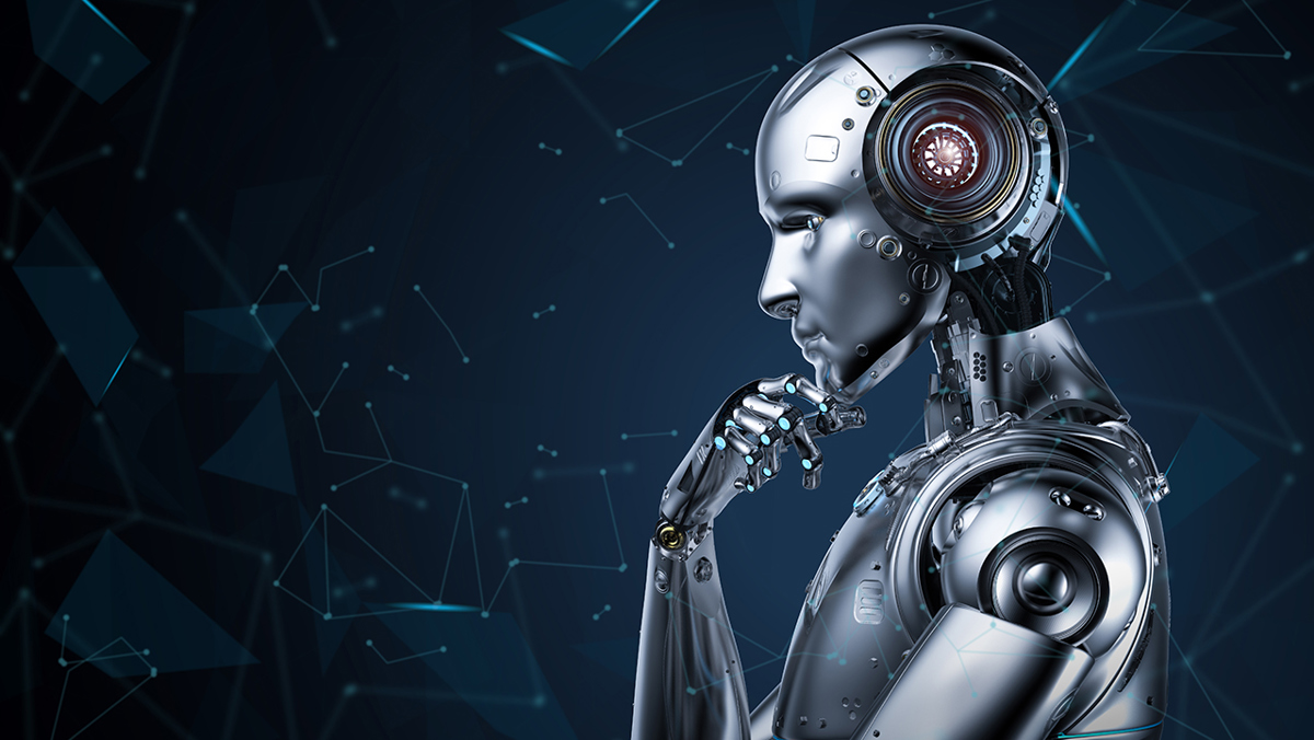 Illustration av humanoid (robot) som ser ut att fundera över något, med handen mot hakan.