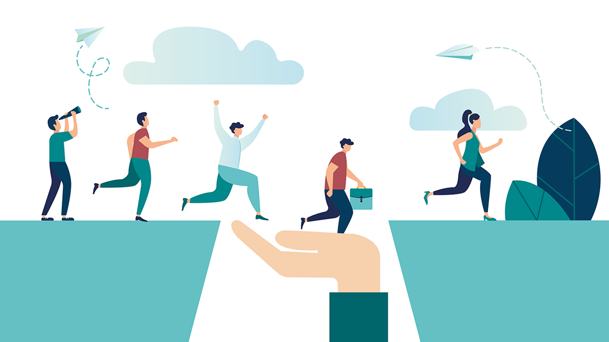 Illustration av en stor hand som fyller upp gapet mellan två block för att hjälpa "små" personer att ta sig över till andra sidan. (Abstrakt.)