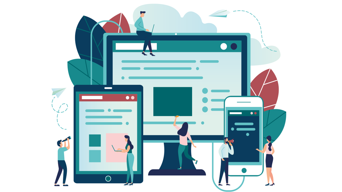 Illustration av små människor som rör sig i ett landskap av en stor dator, surfplatta och mobiltelefon.