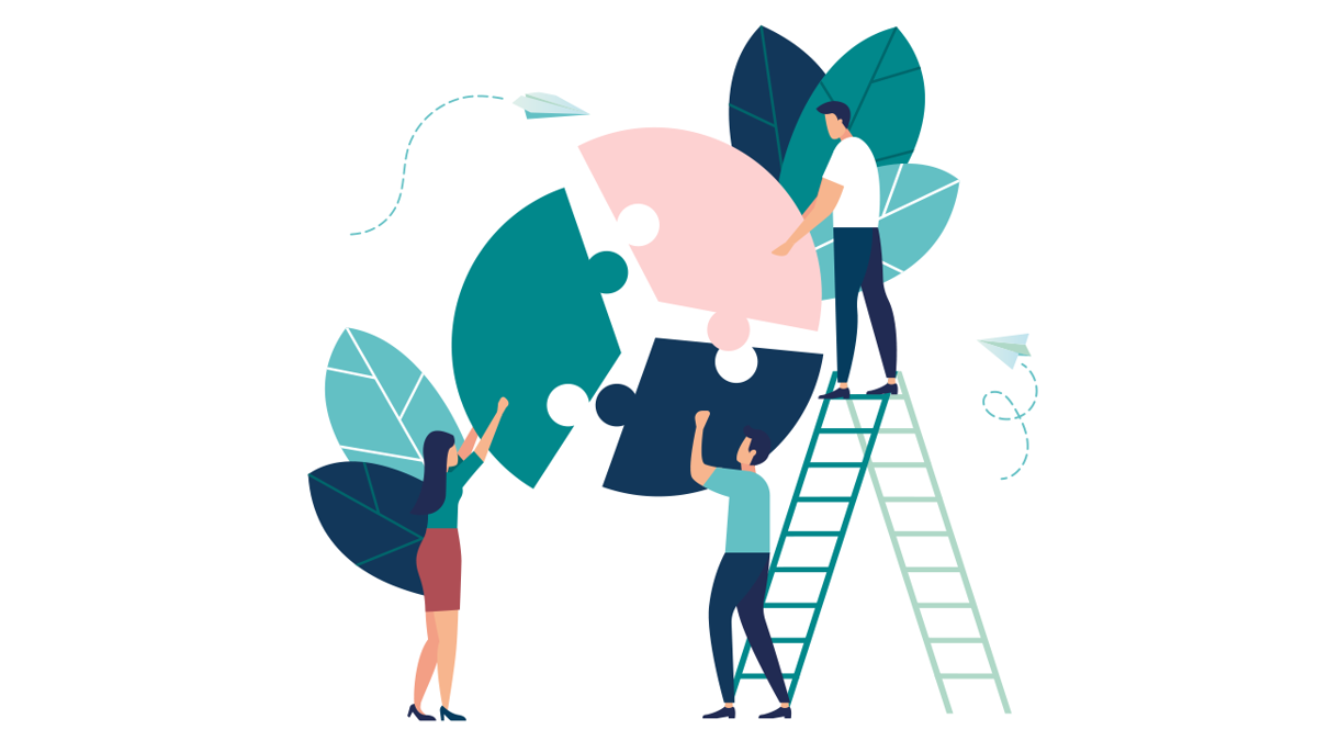Illustration: Tre personer som tillsammans sätter ihop tre mycket stora pusselbitar. En av personerna står på en stege.