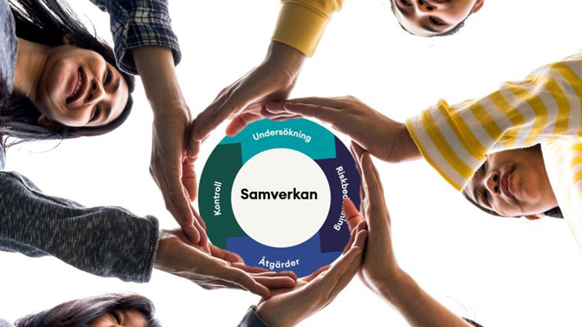 Händer formar sig till ett hjul där en modell för det systematiska arbetsmiljöarbetet, SAM-hjulet finns. I mitten av hjulet står ordet Samverkan.