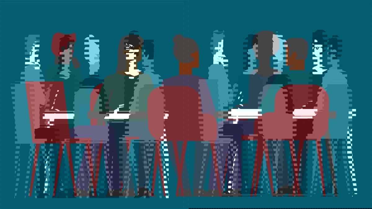 Illustration av fem personer runt ett bord.